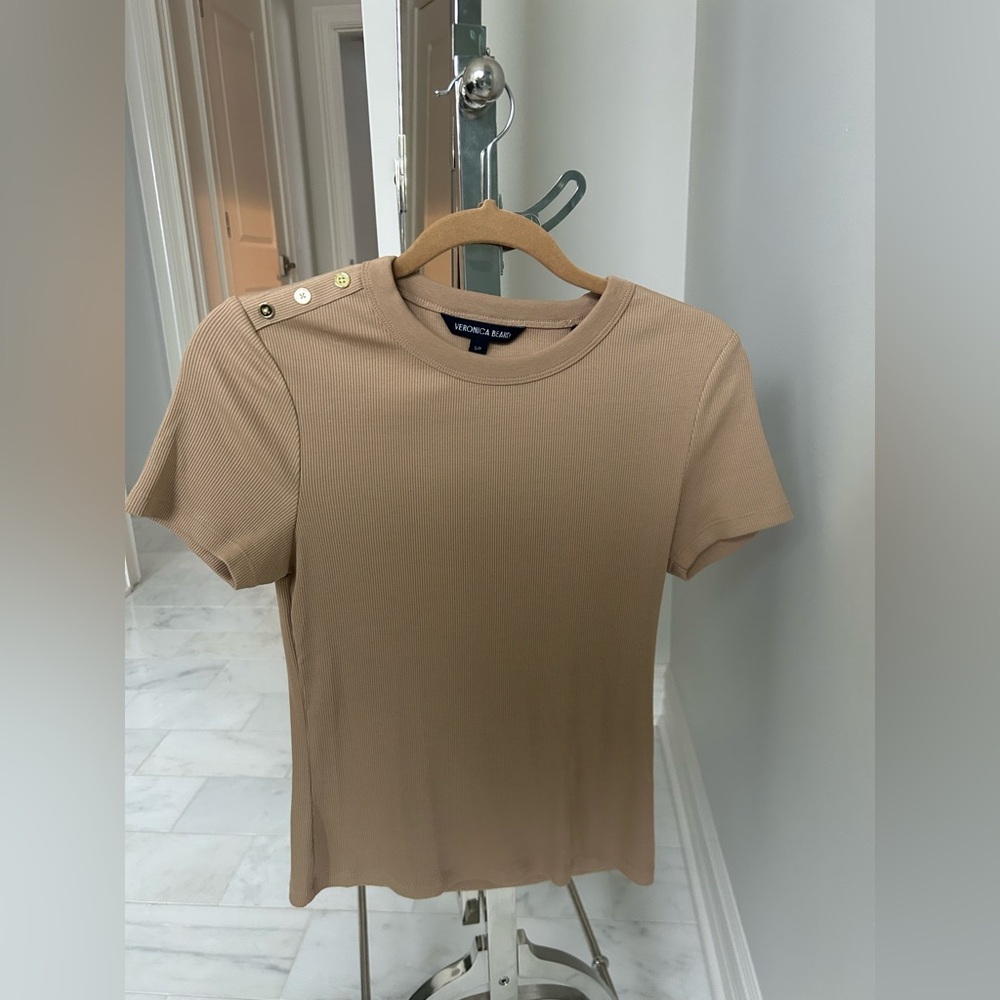 Veronica Beard Tan Ribbed Button Shoulder T shirt